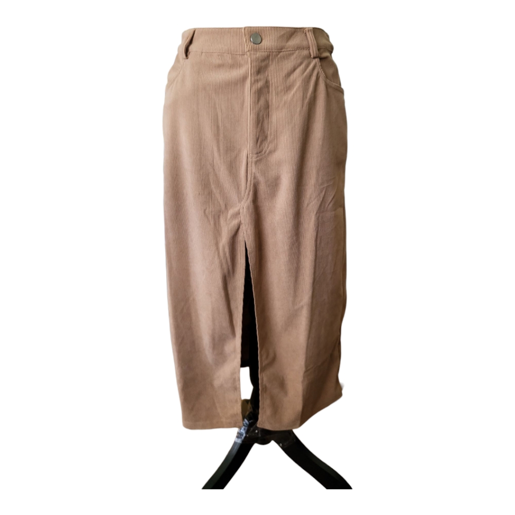 Lulu's Refreshing Romance Tan Corduroy Midi Skirt With Slit. Size M New